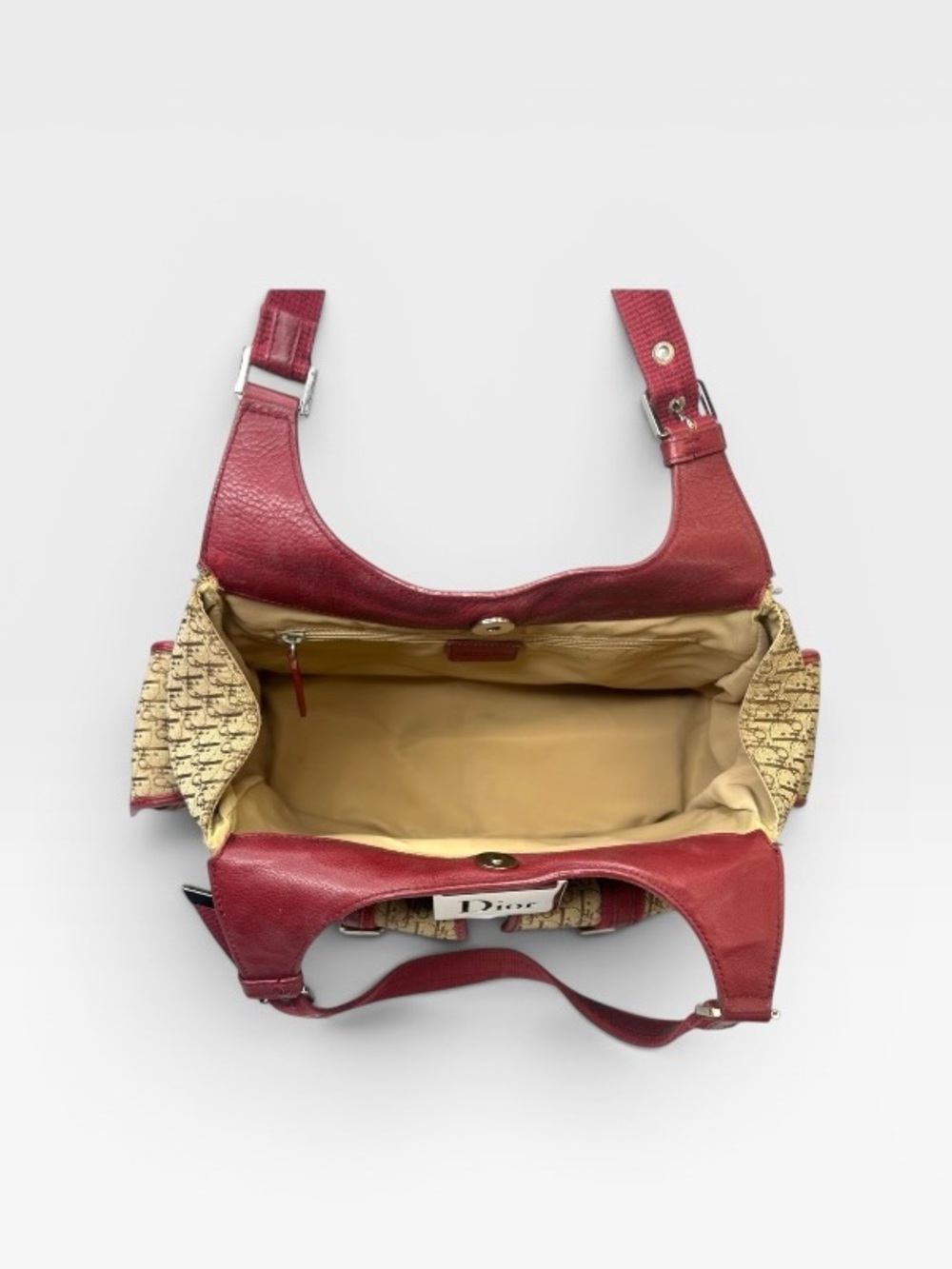 Dior Trotter Red Leather Trim Beige Logo Canvas Shoulder Bag - Picture 6 of 8